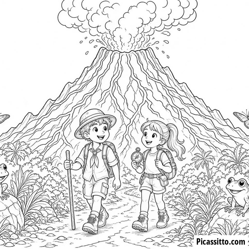 Ausmalbild Vulkan- und Dschungelabenteuer