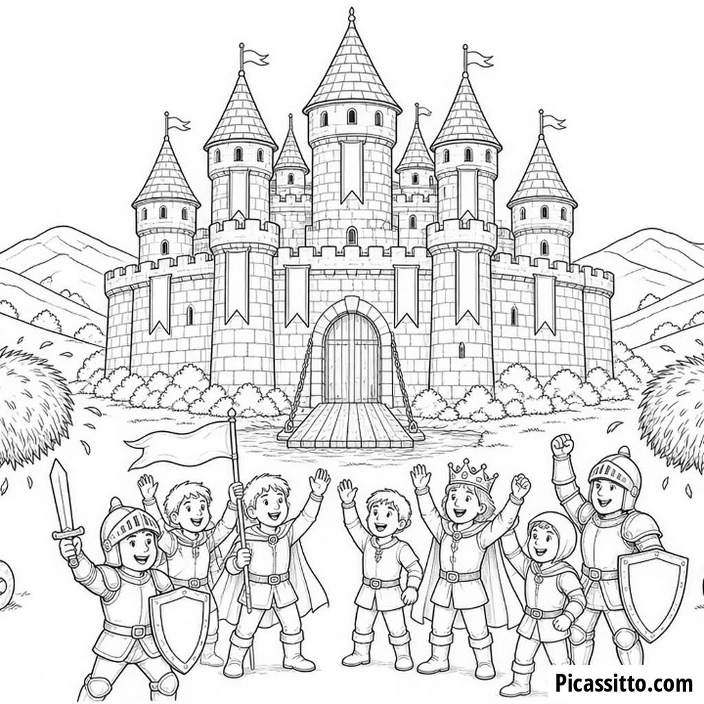 Desenho para colorir aventura no castelo
