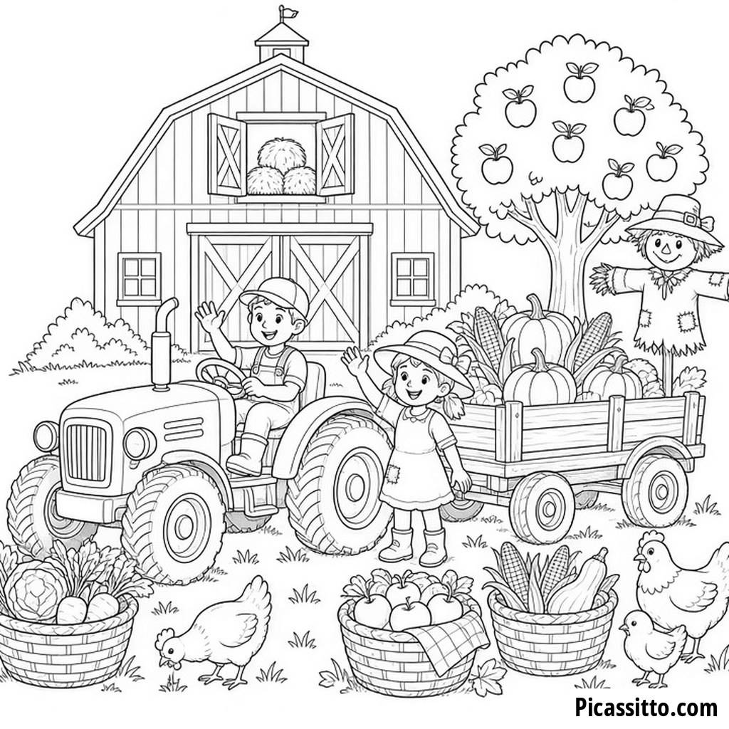 Desenho para colorir trator de colheita na fazenda