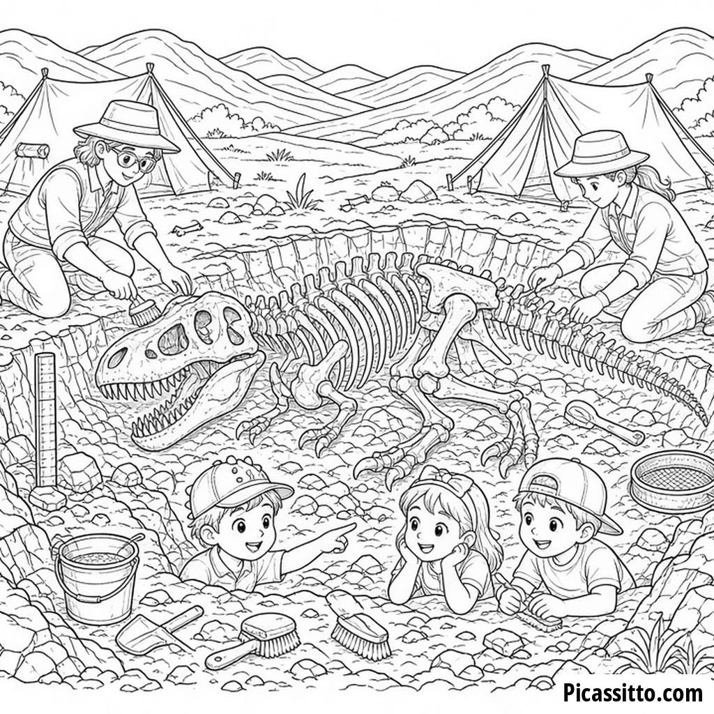 Ausmalbild Dinosaurier-Fossilienausgrabung