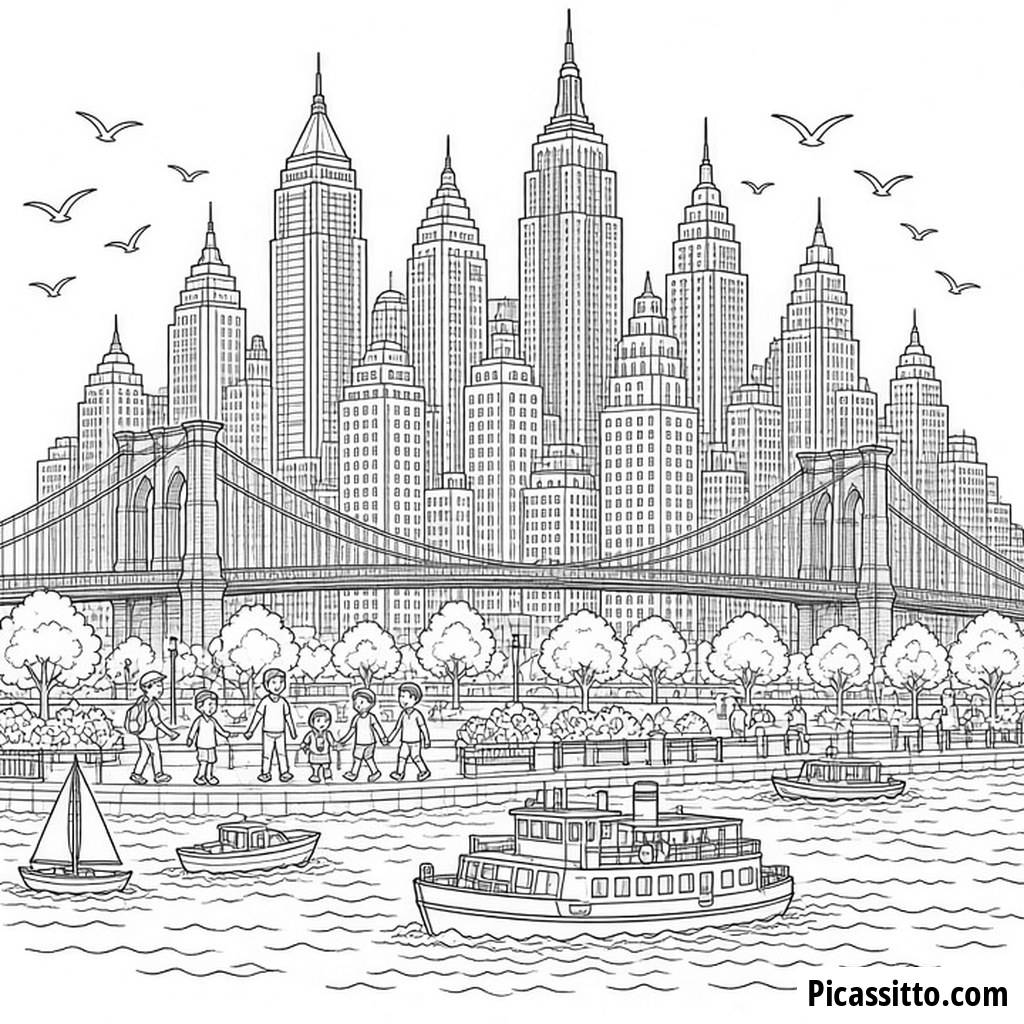 Ausmalbild Stadtsilhouette mit Brücke und Booten