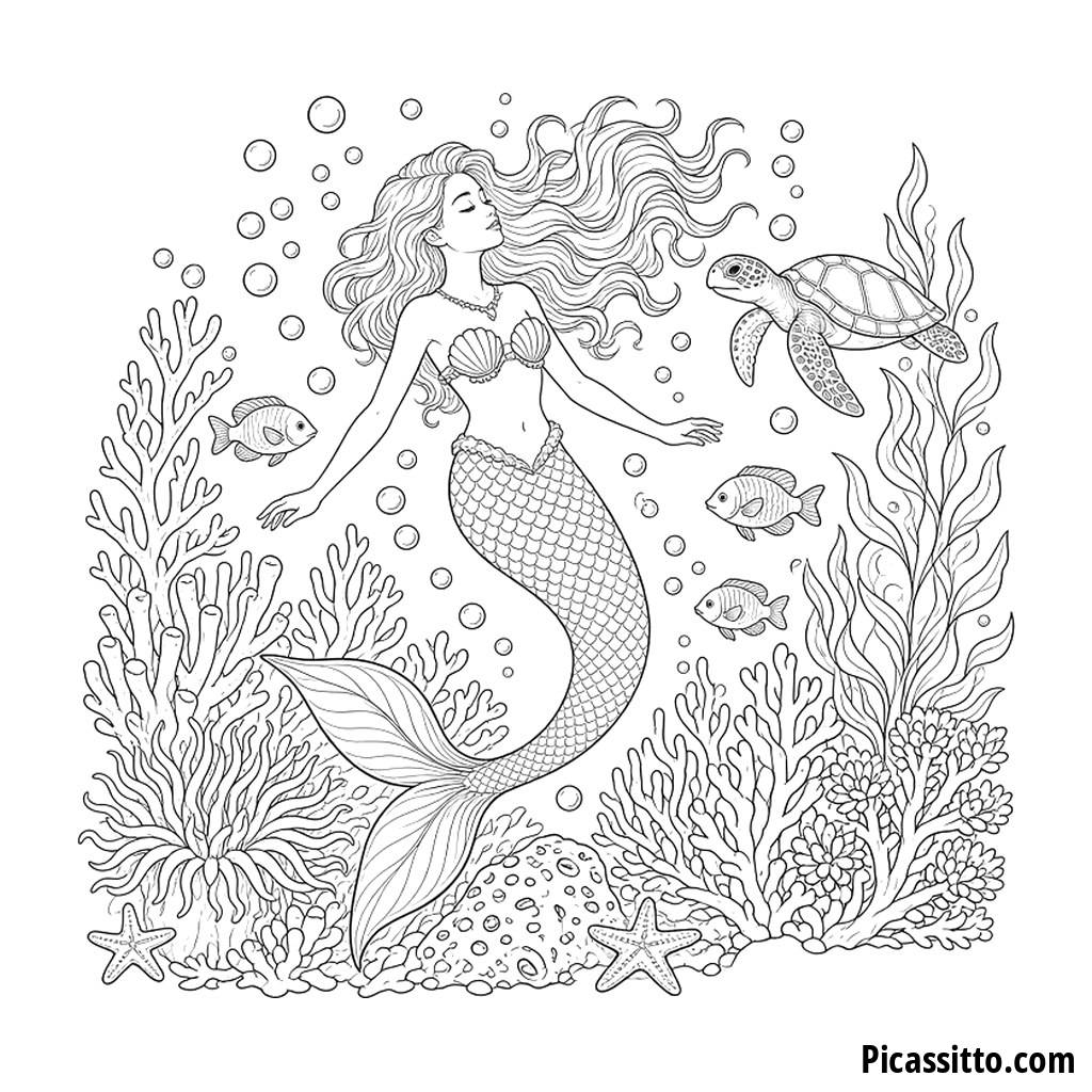 Desenho para colorir sereia no recife de coral