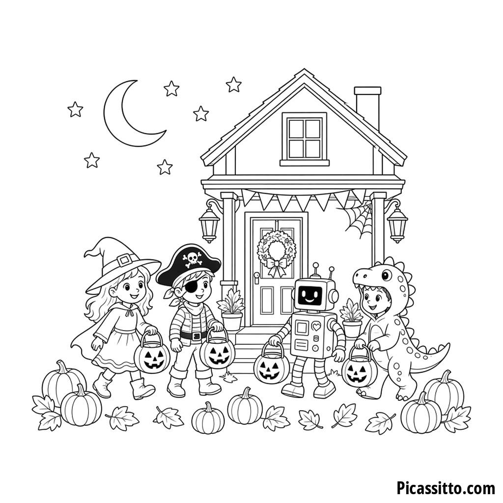 Coloriage enfants déguisés dans une rue d'Halloween