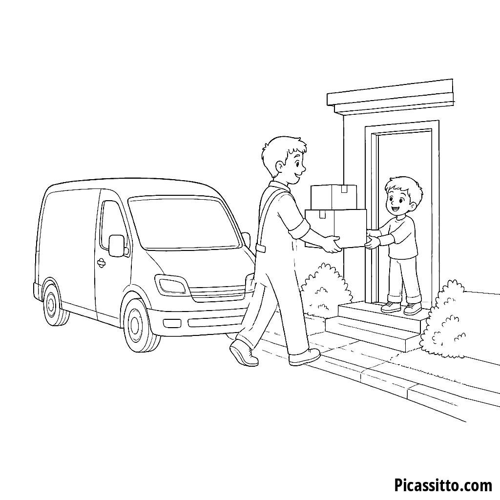 Ausmalbild Paketbote liefert Pakete aus dem Lieferwagen