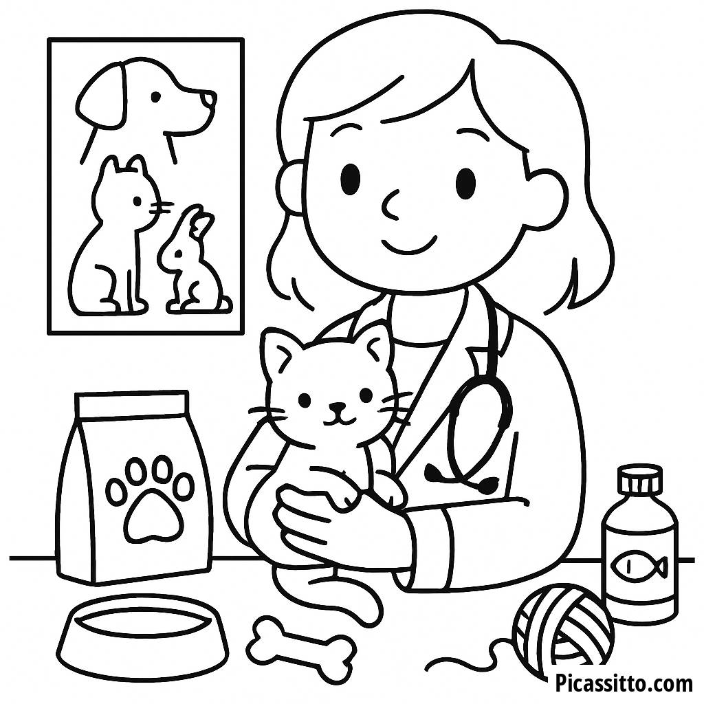 Pagina da Colorare di un Adorabile Veterinario con un Gattino