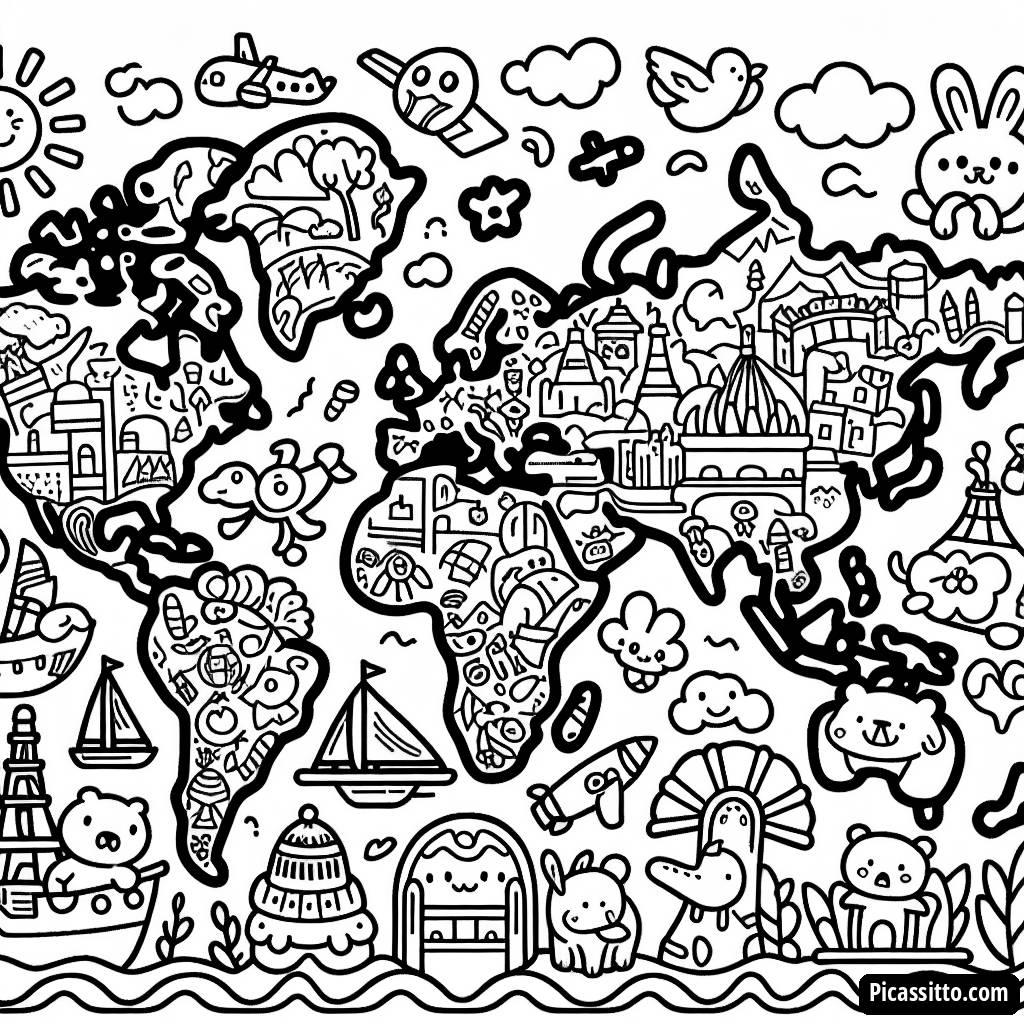 Abenteuer Erwartet: Weltkarte Malvorlage