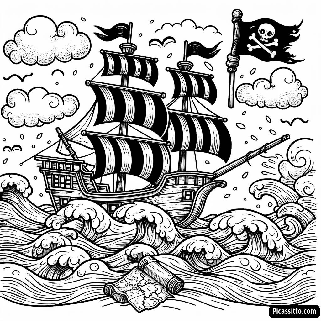 Ahoi, Kamerad! Ausmalbild von einem Piratenschiff