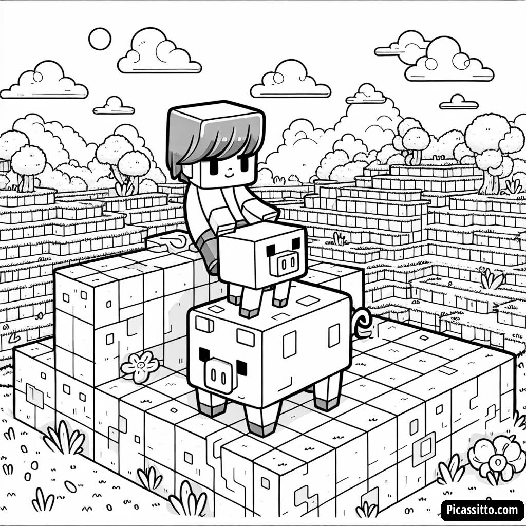 Ausmalbild von Alex, der auf einem Schwein Reitet