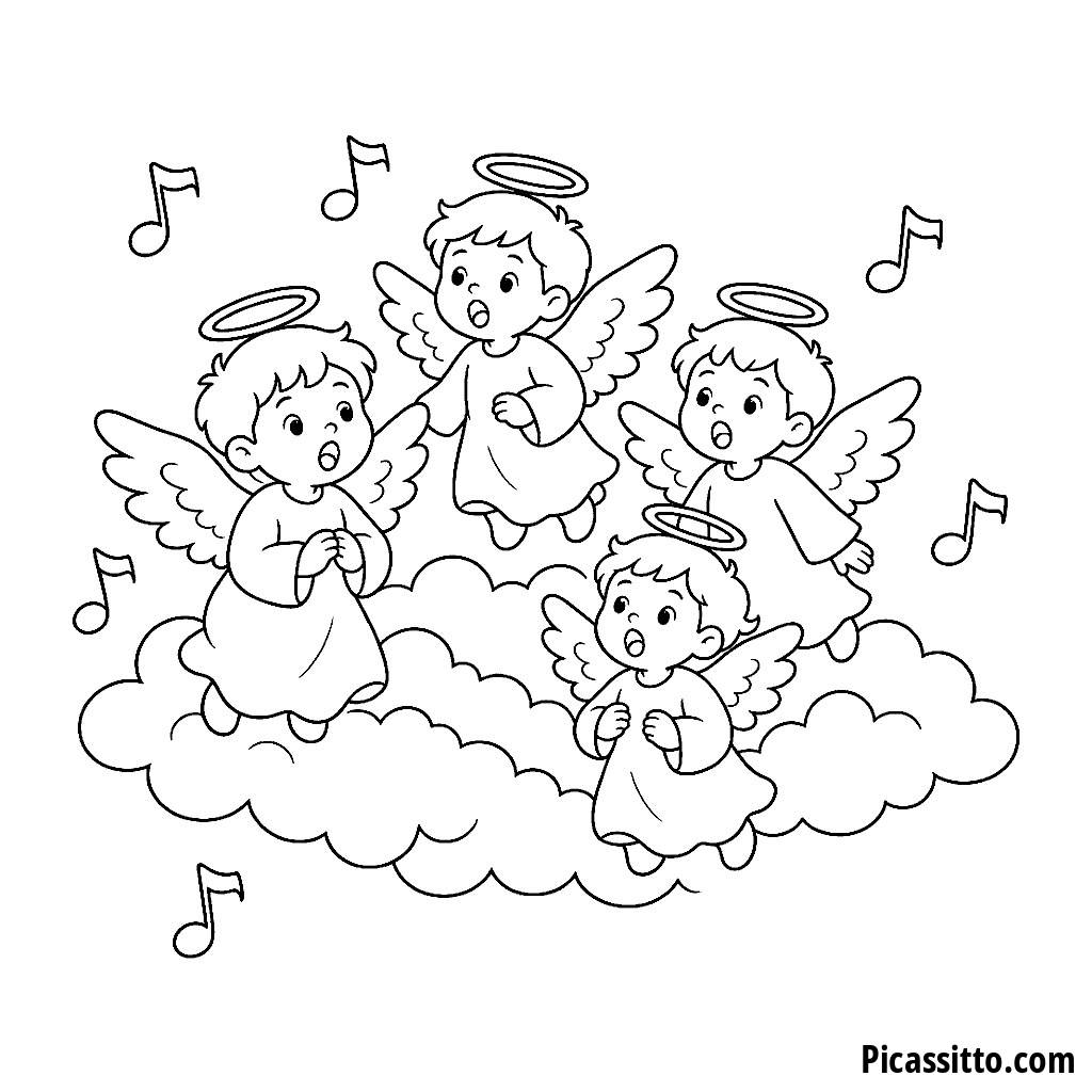 Coro de ángeles en las nubes para colorear