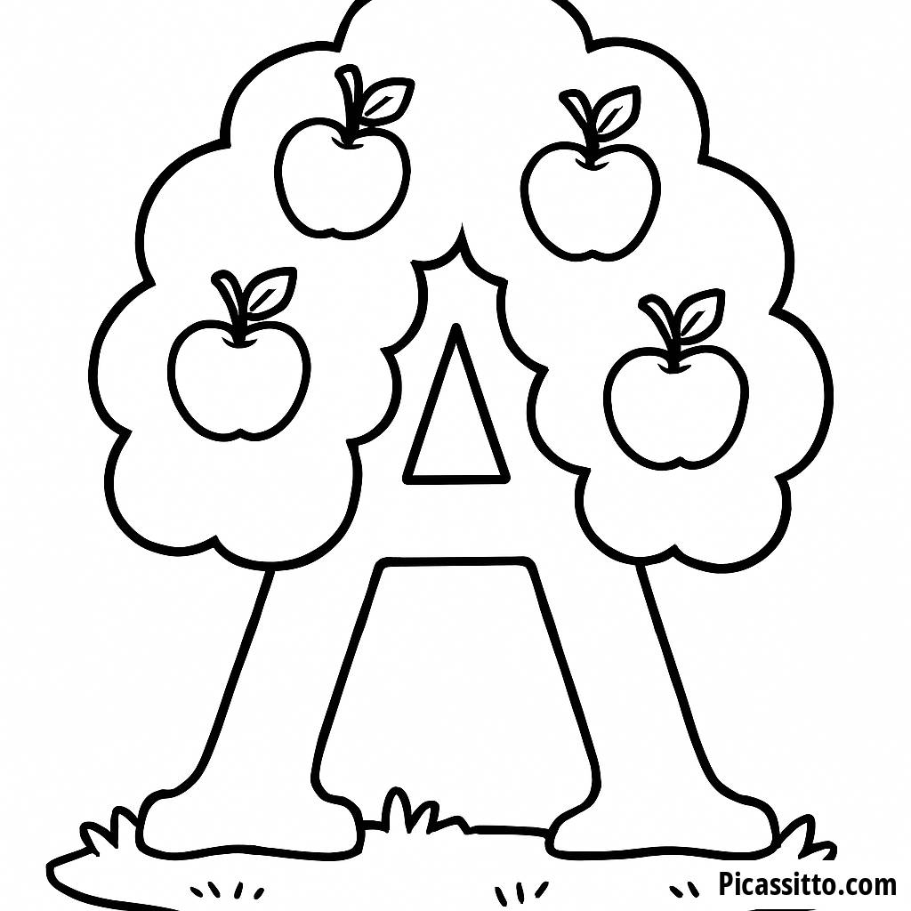 Page à Colorier de la Lettre 'A' en Forme de Pommier