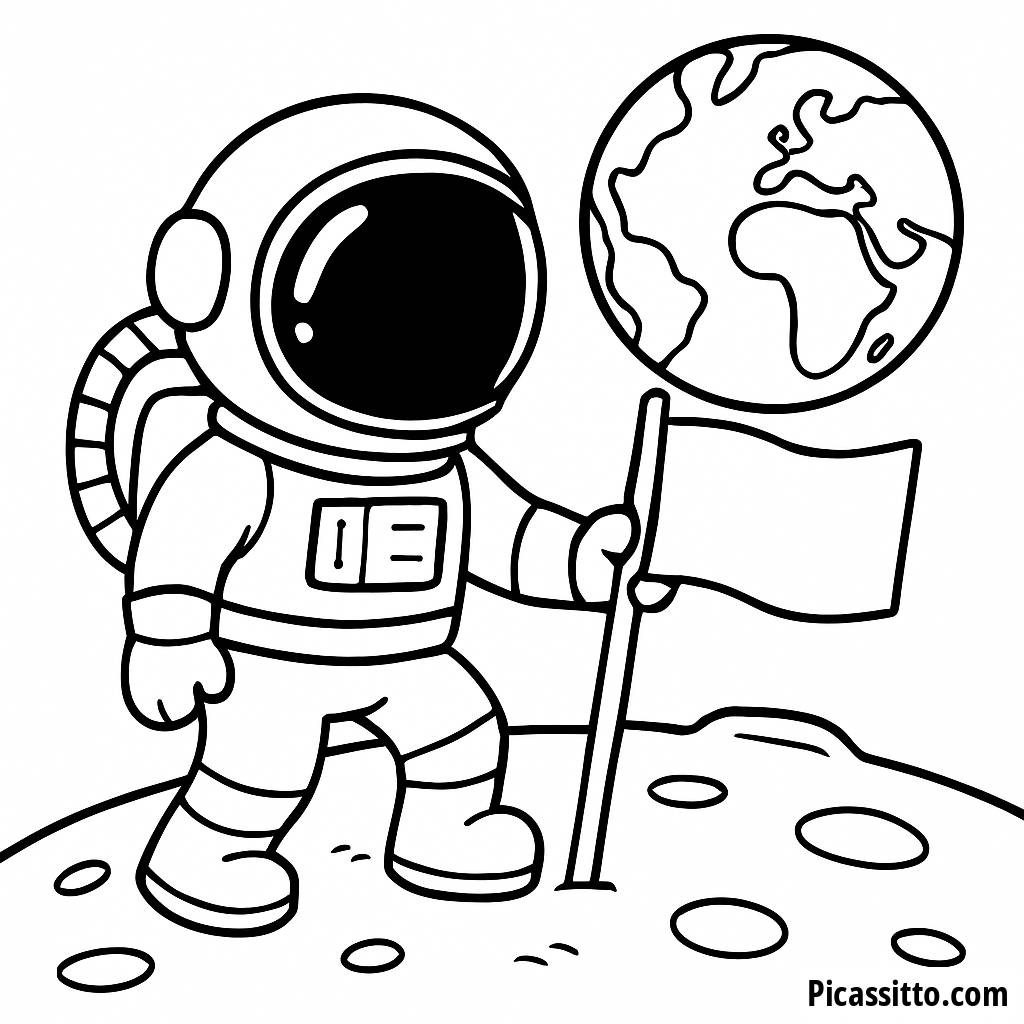Page à Colorier Astronaute : Planter un Drapeau sur la Lune