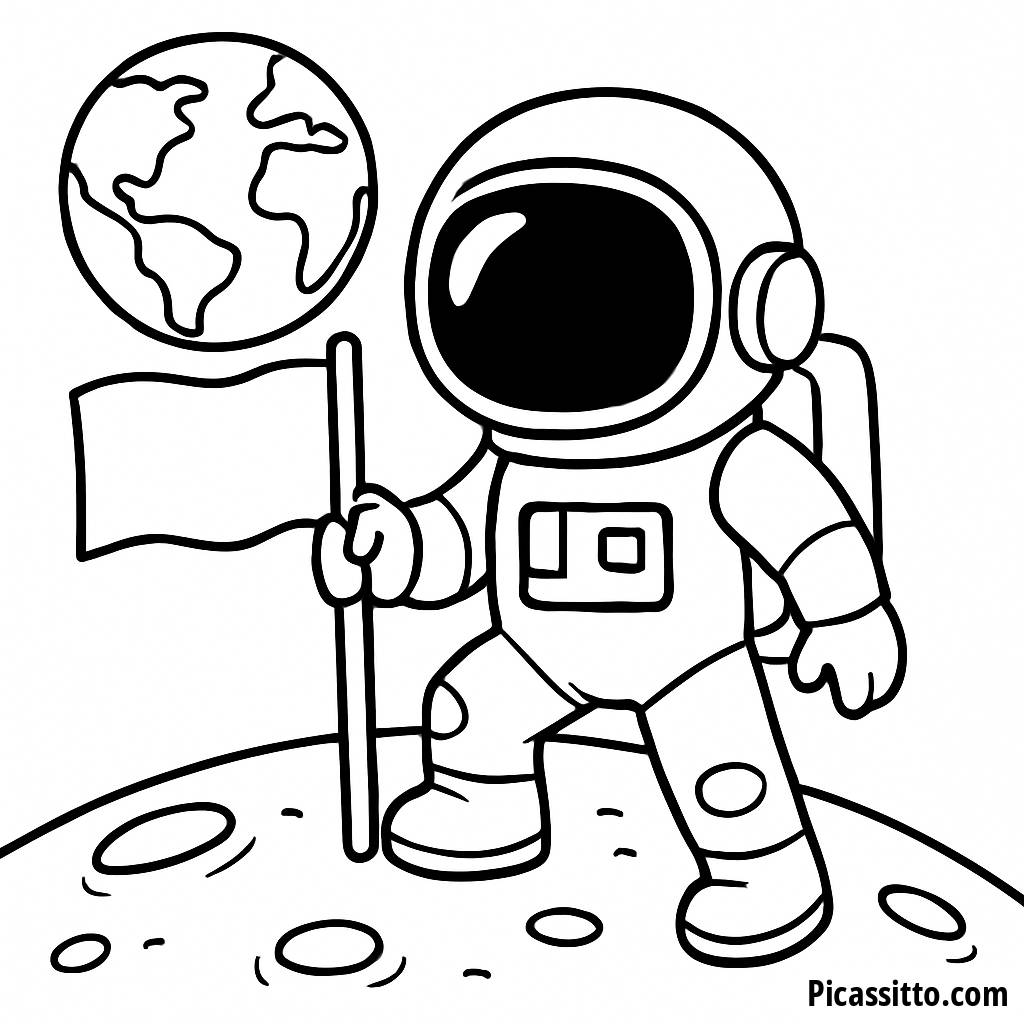 Page à Colorier Astronaute : Planter un Drapeau sur la Lune