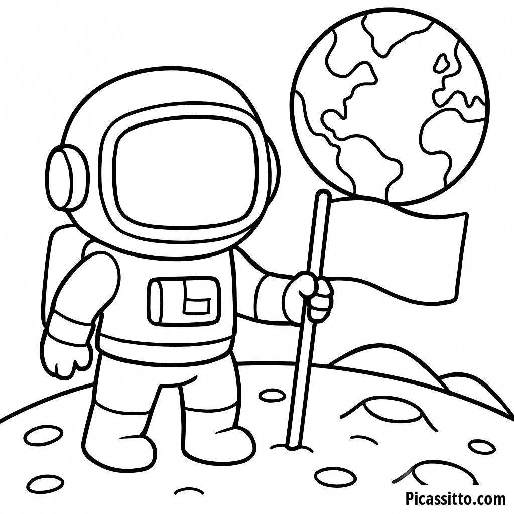 Page à Colorier Astronaute : Planter un Drapeau sur la Lune