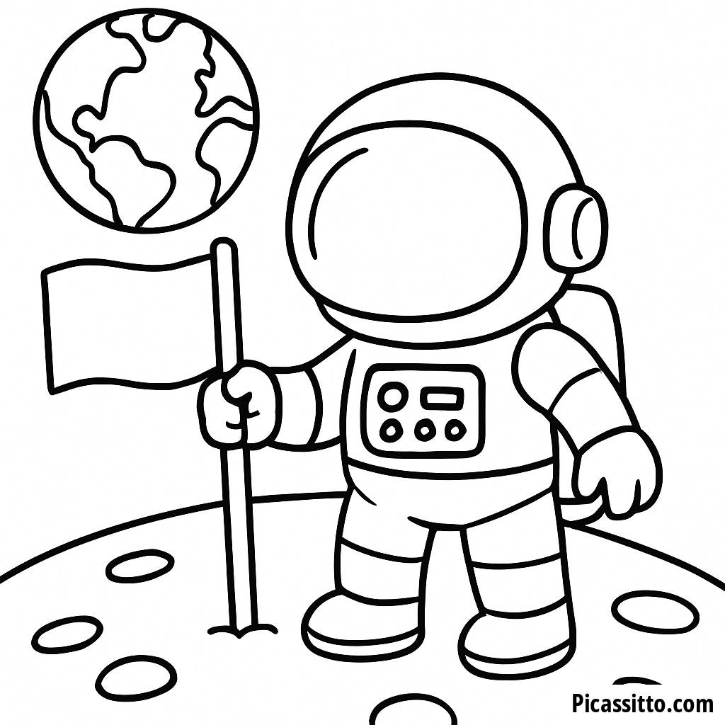 Page à Colorier Astronaute : Planter un Drapeau sur la Lune