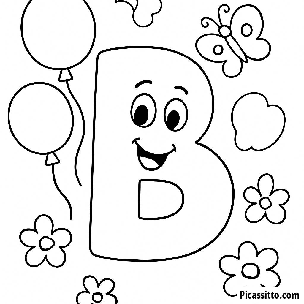 Ausmalbild des Buchstabens B mit Ballons und Schmetterlingen