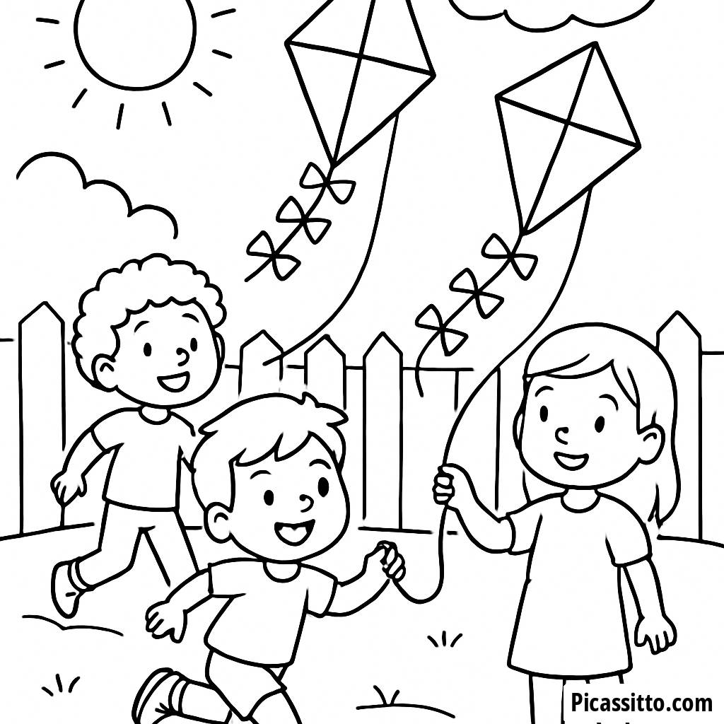 Diversão no Quintal: Página para Colorir de Amigos Voando Pipas