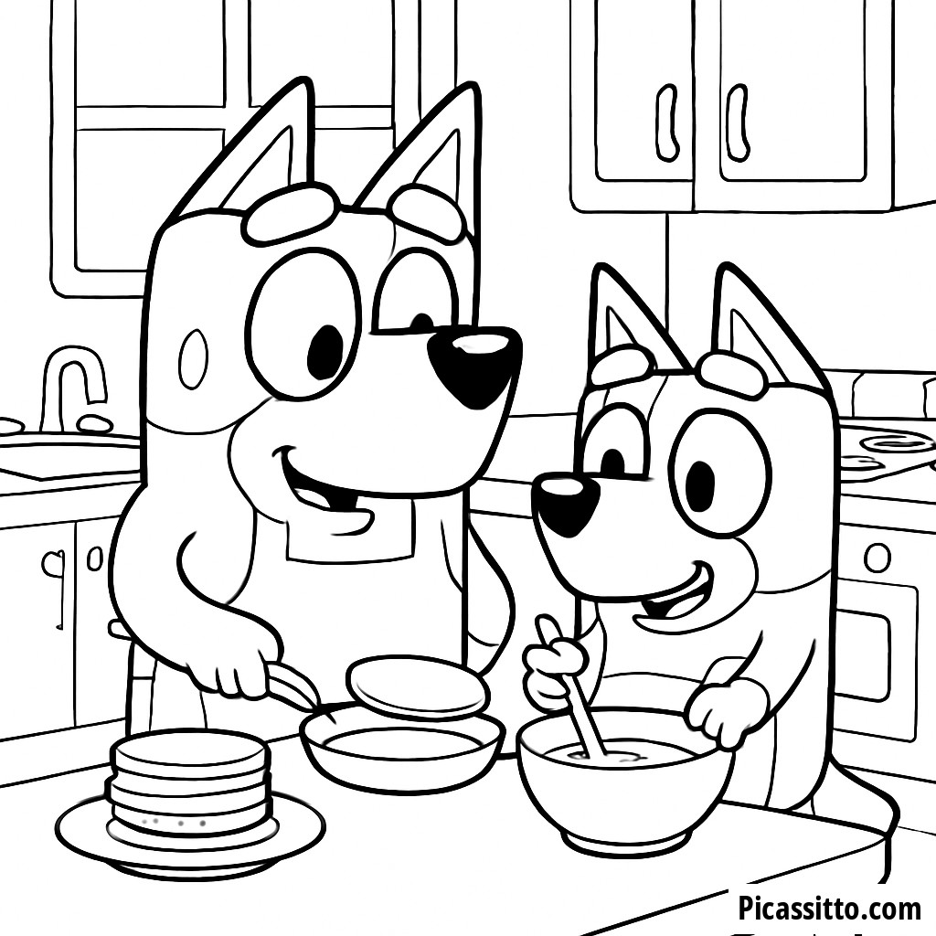 Malvorlage von Bandit und Chilli beim Pfannkuchenbacken