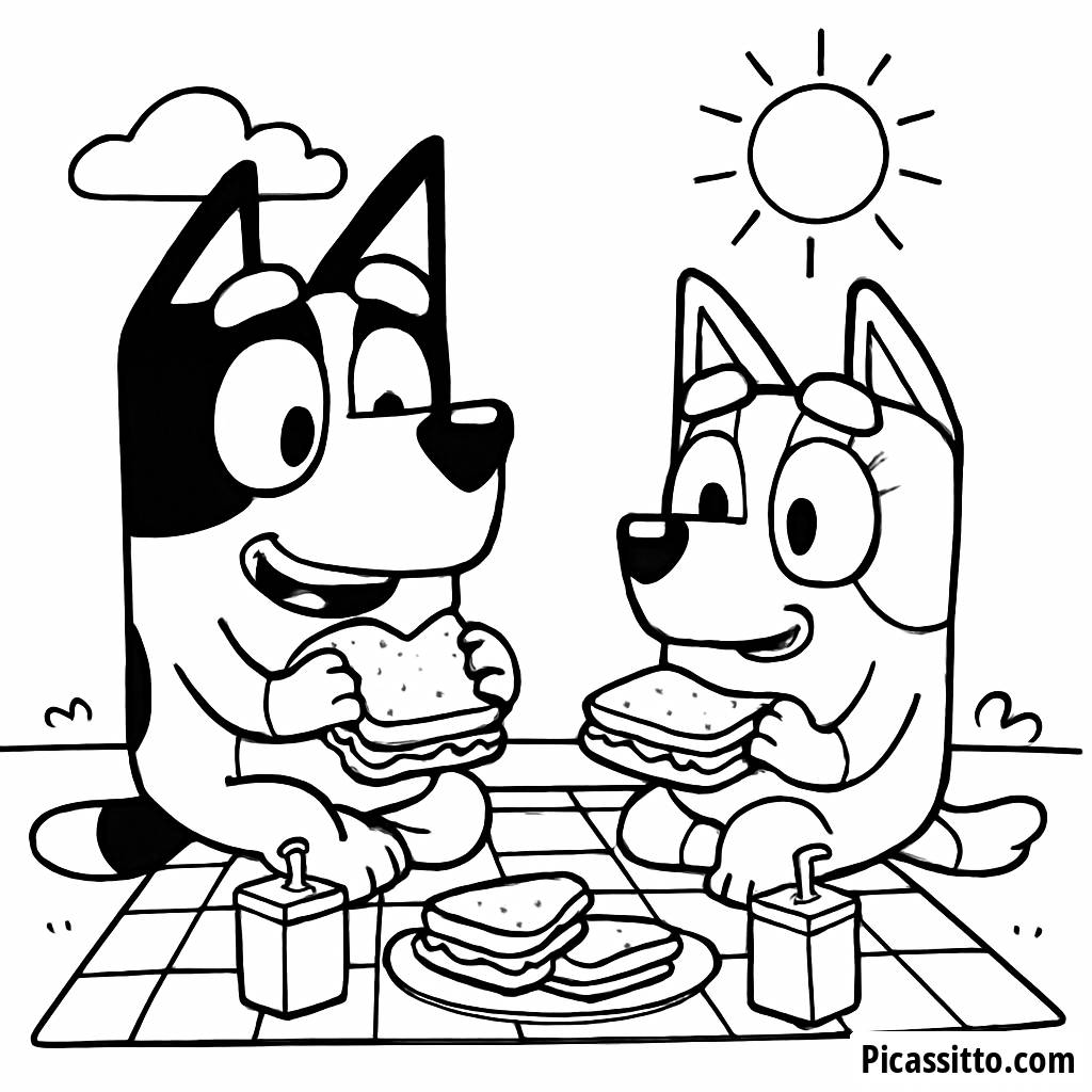 Bandit and Chilli's Fun Picnic Coloring Page