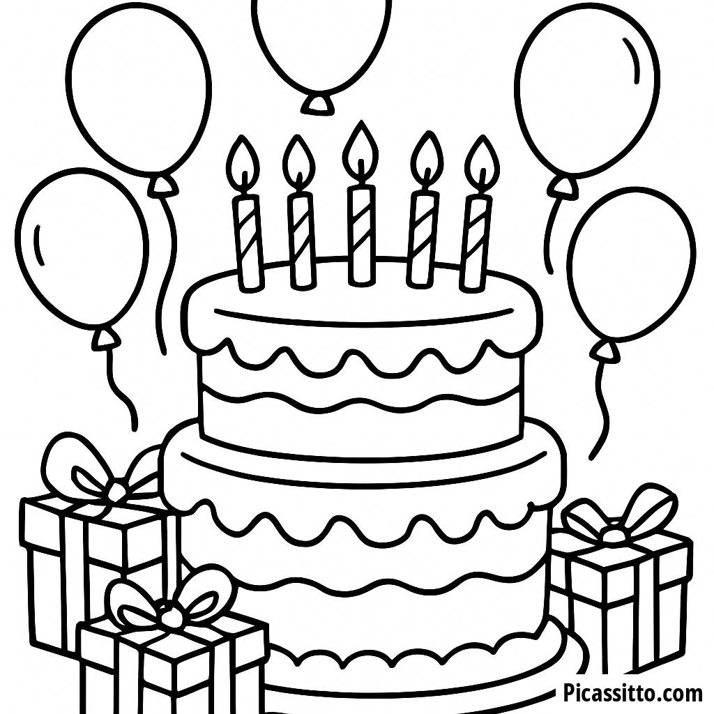 Pagina da Colorare di Grande Torta di Compleanno