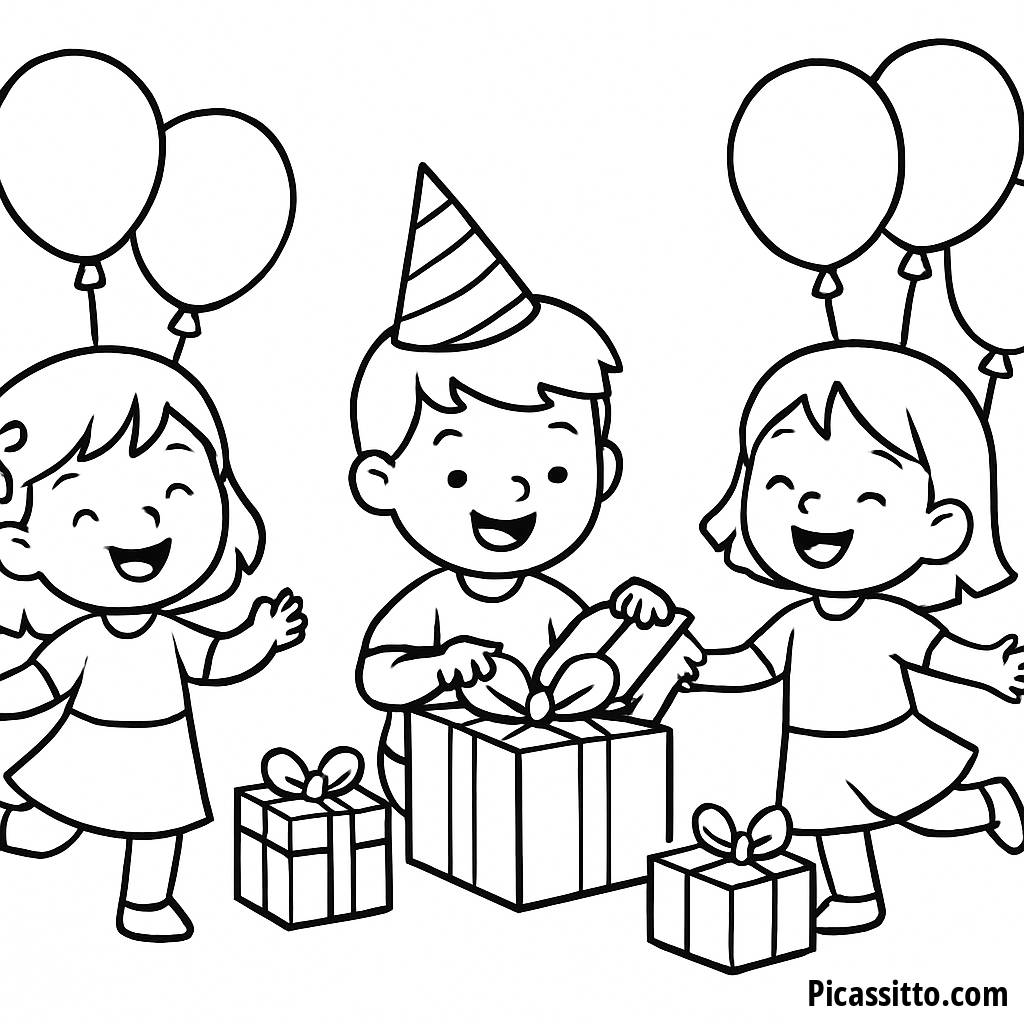 Birthday Fun Coloring Page: Kids with Colorful Balloons and Presents