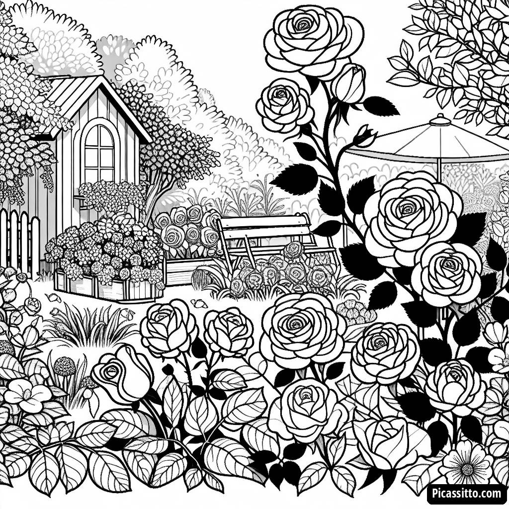 Ausmalbild mit Blühenden Rosen