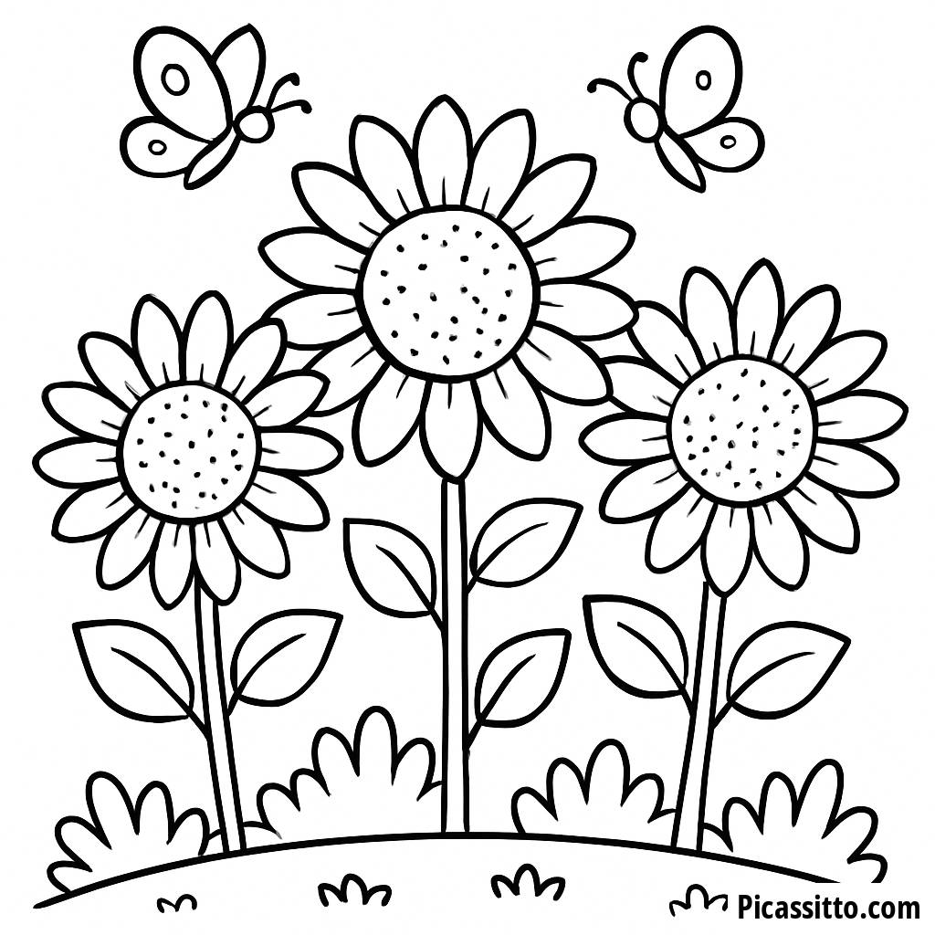 Ausmalbild von Blühenden Sonnenblumen und Schmetterlingen