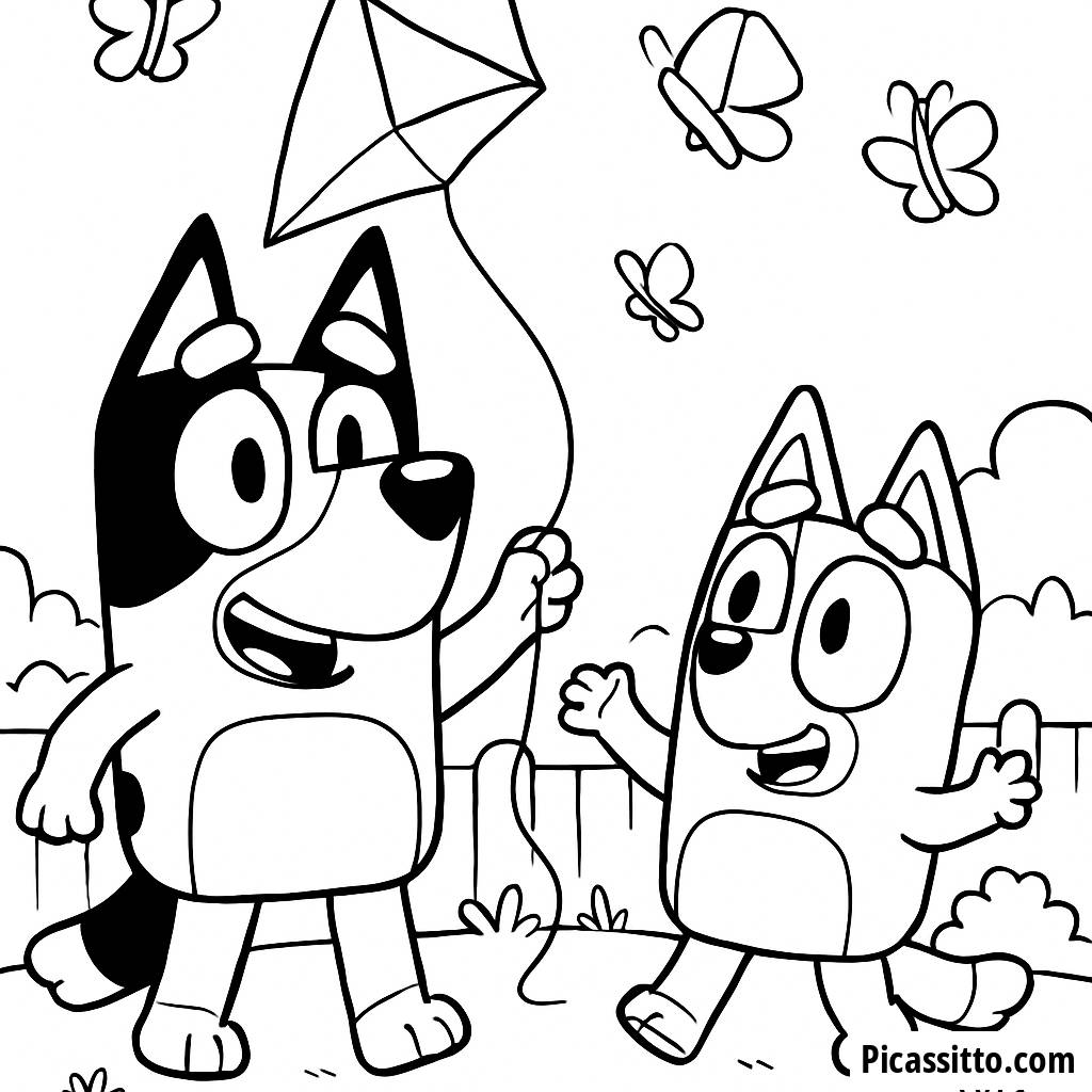 Раскраска с Блюи и Бинго на заднем дворе