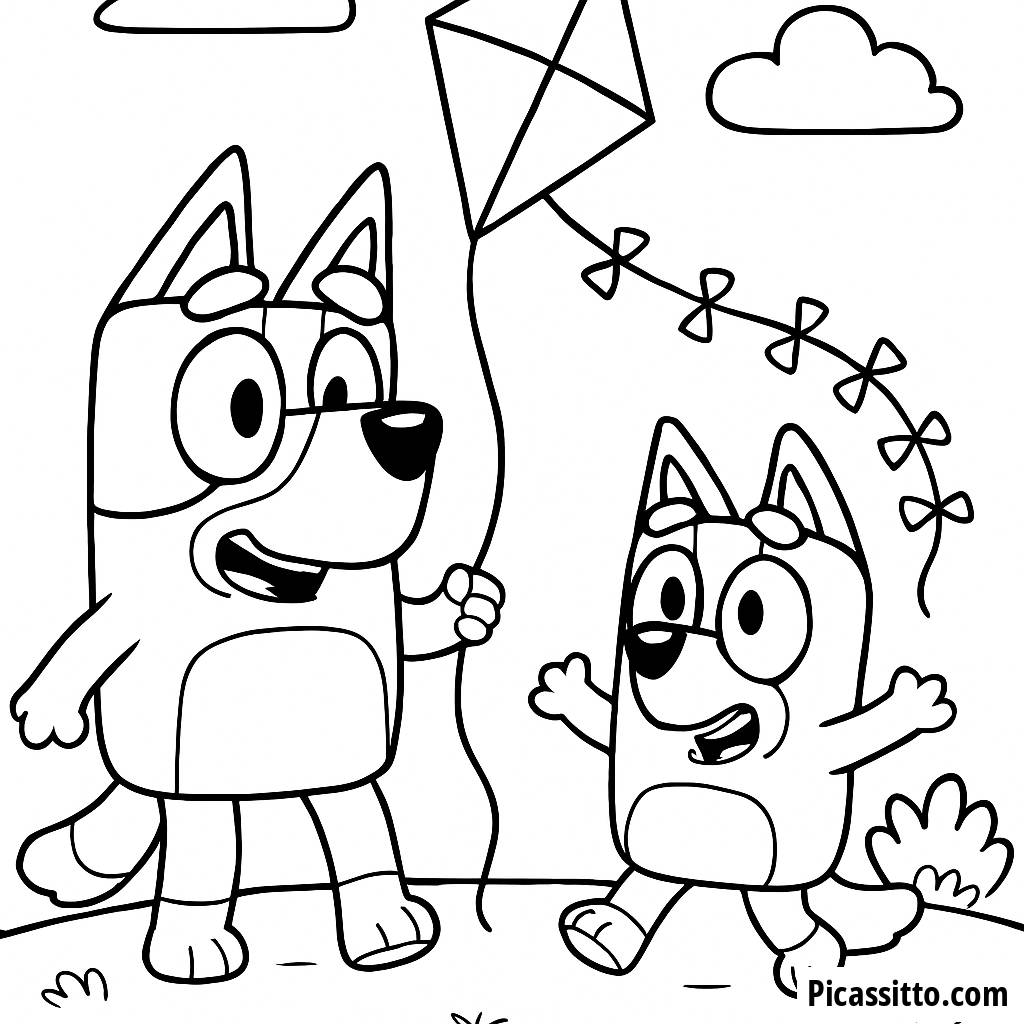 Malvorlage von Bluey und Bingo im Garten