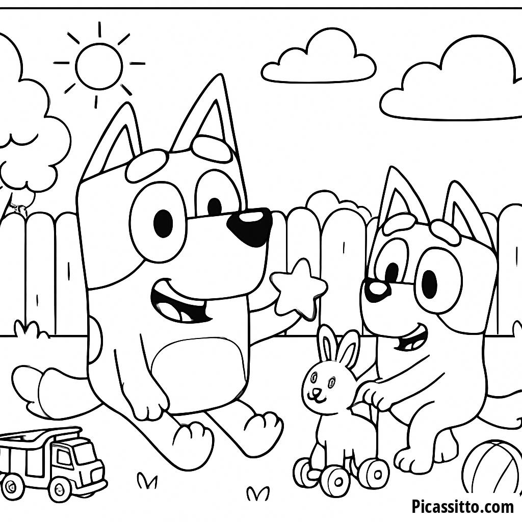 Pagina da Colorare di Bluey e Bingo nel Giardino