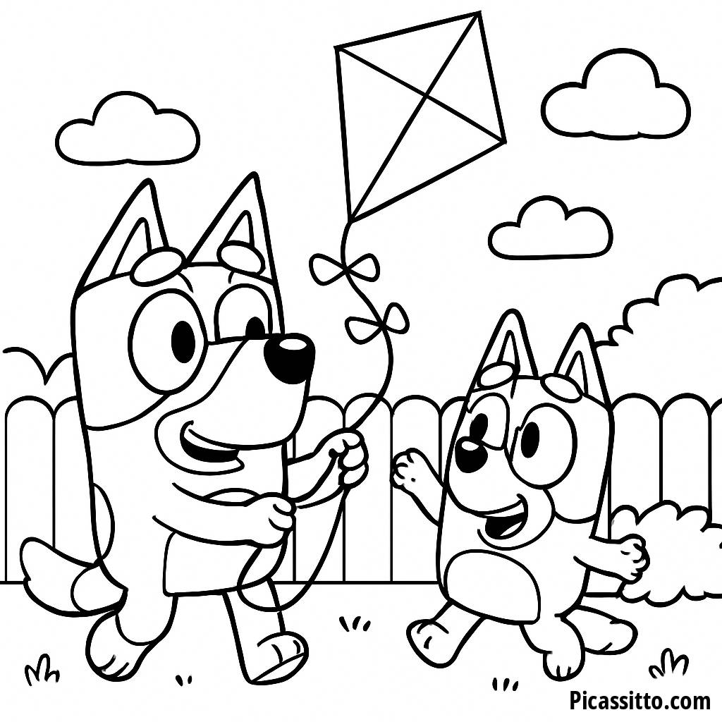Malvorlage von Bluey und Bingo im Garten