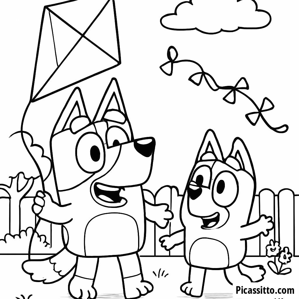 Malvorlage von Bluey und Bingo im Garten