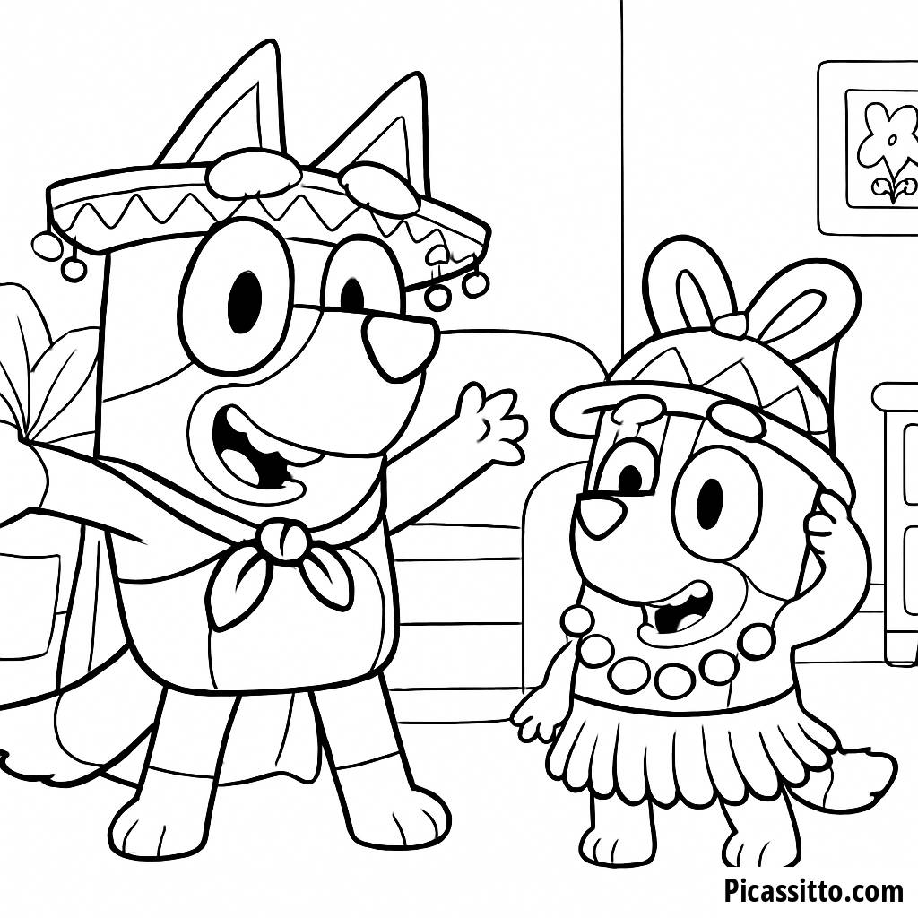 Página para Colorear de Bluey y Bingo Disfrazados