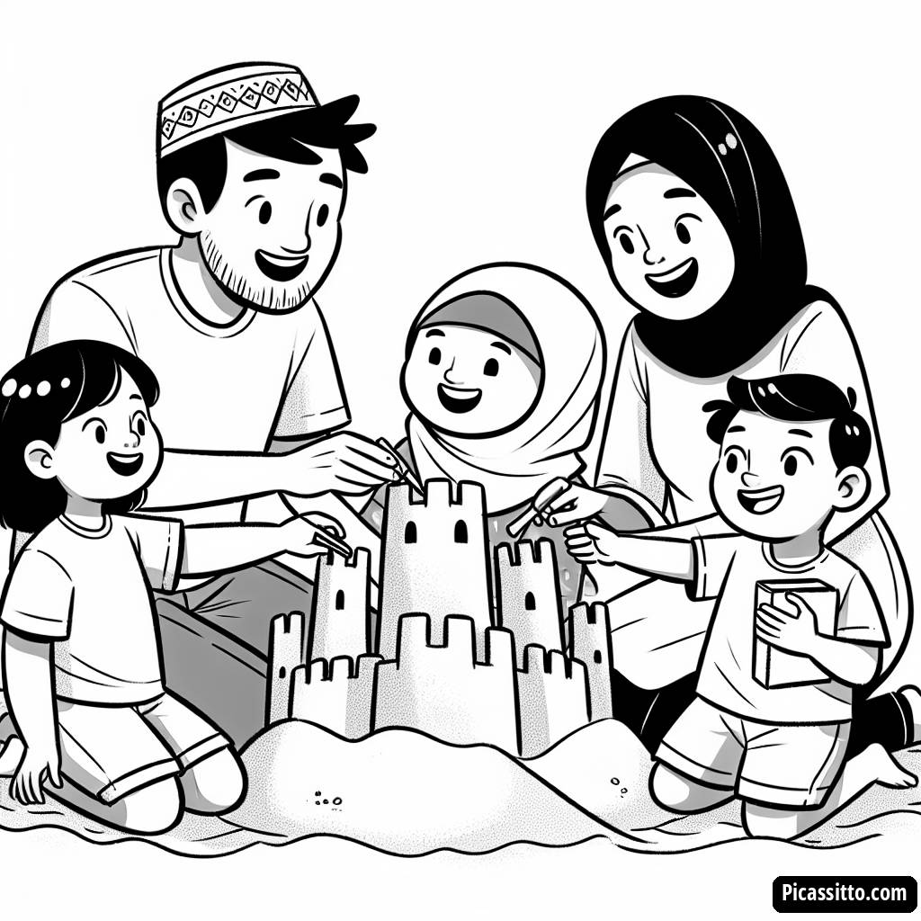 Página para Colorear de la Familia Bluey Construyendo un Castillo de Arena