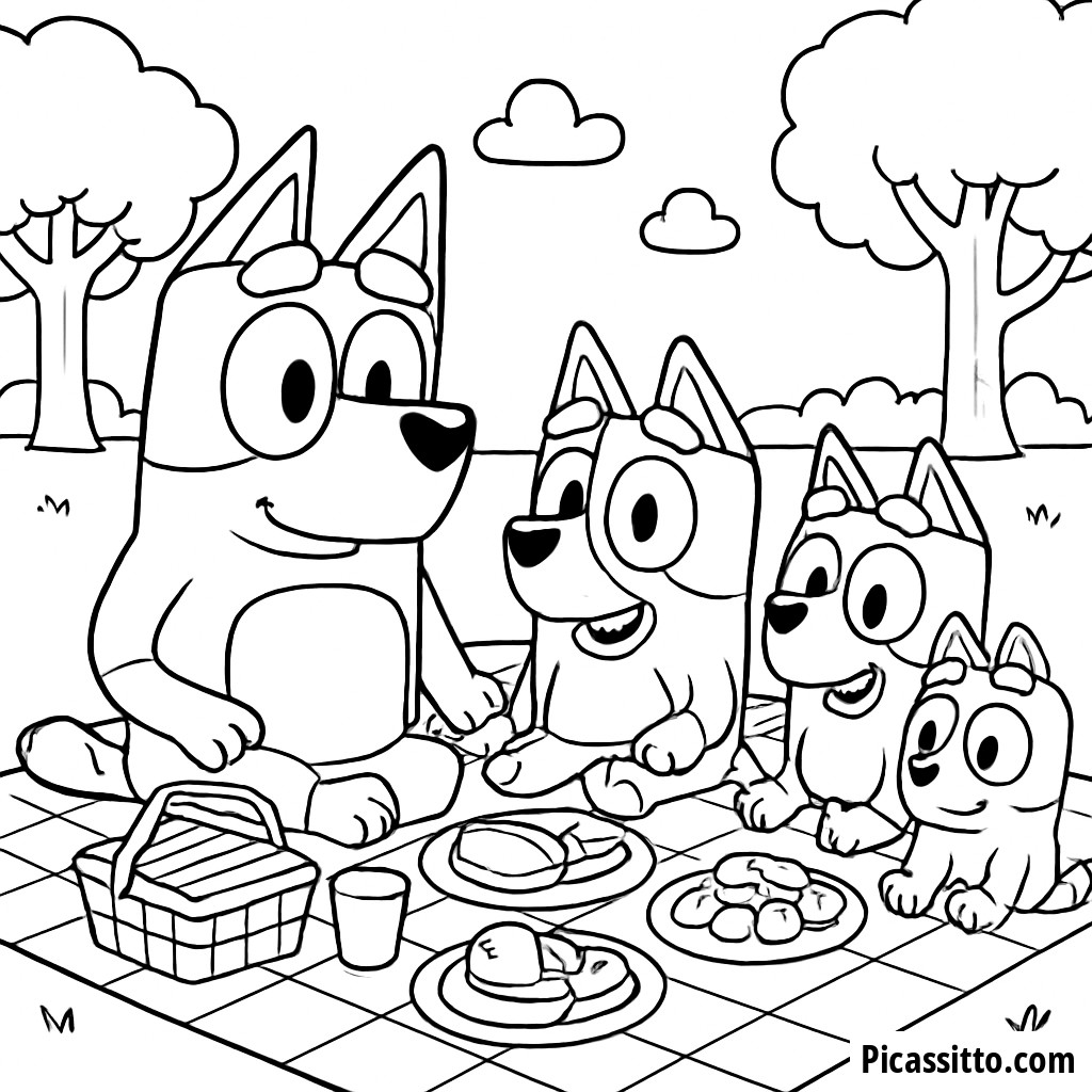 Página para Colorear de Picnic Divertido de Bluey