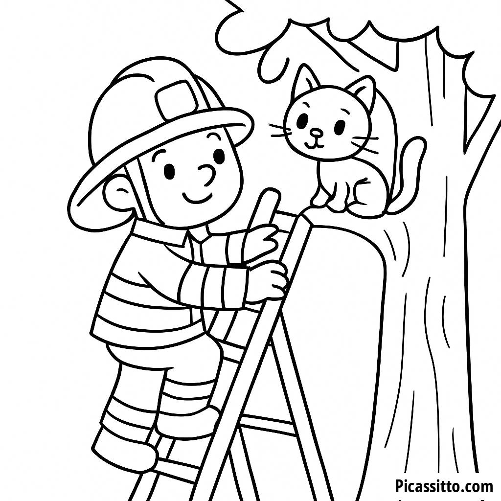 Página para Colorir Bombeiro Corajoso: Resgatando um Gato de uma Árvore