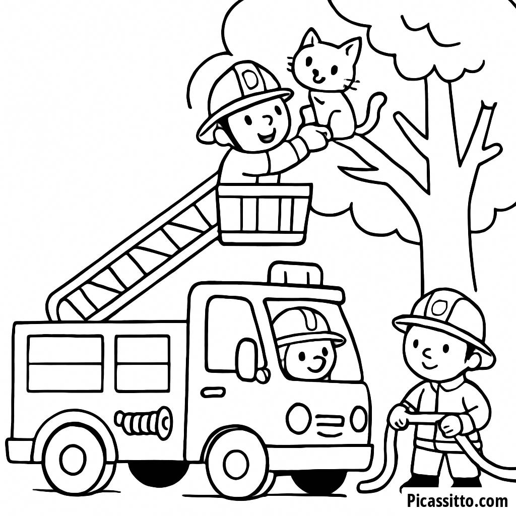 Brave Firefighters Coloring Page: Rescue a Kitten!