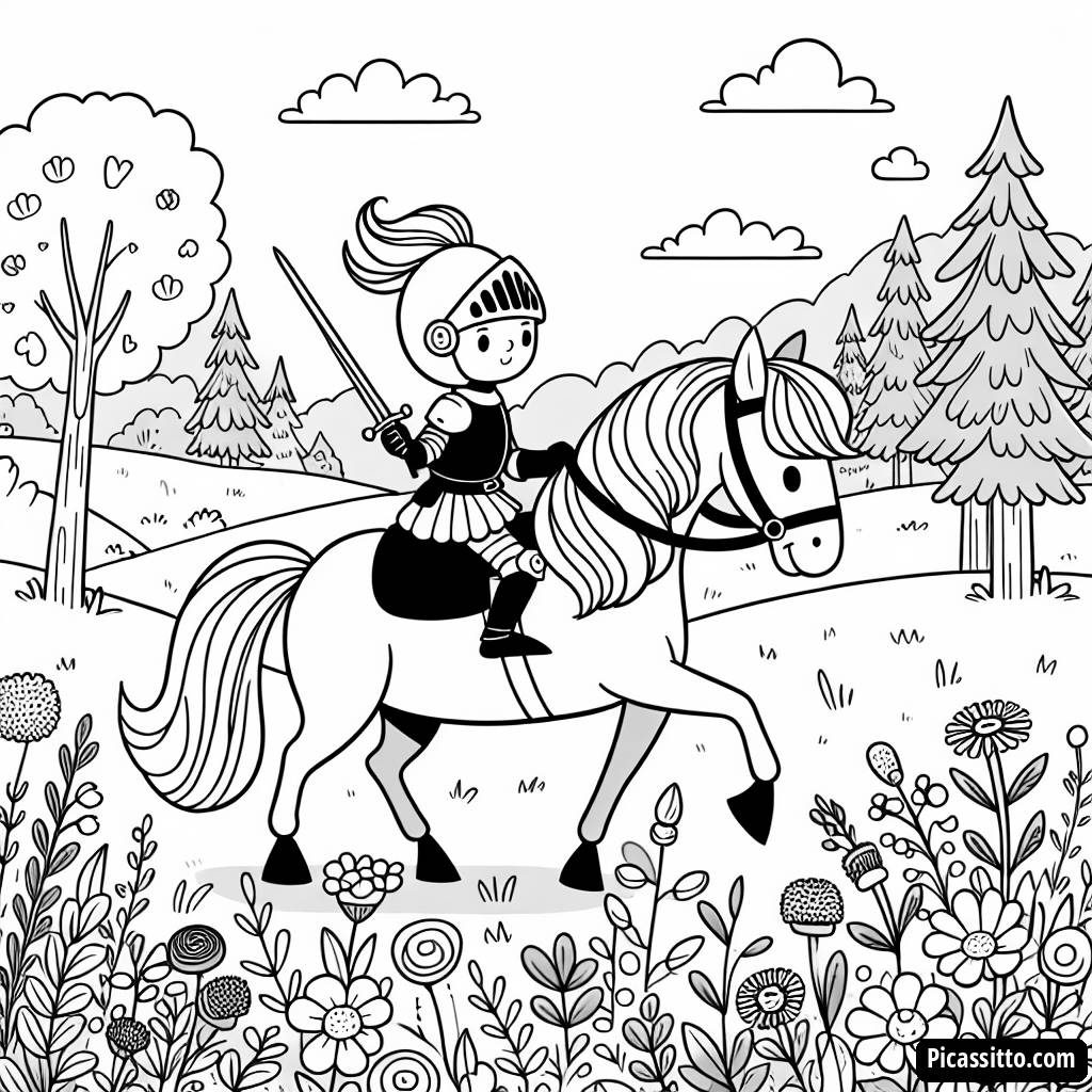 Pagina da Colorare del Coraggioso Cavaliere: Passeggiata nel Prato