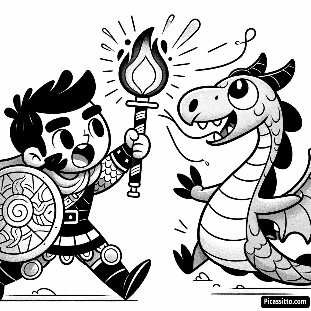 Page à Colorier : Brave Guerrier contre Dragon Féroce