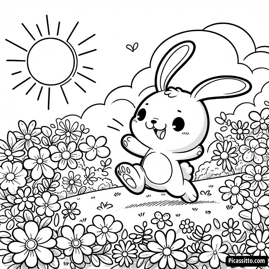 Pagina da Colorare di Coniglio tra i Fiori