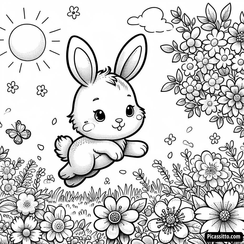 Página para Colorir de um Coelho Pulando entre Flores em Flor