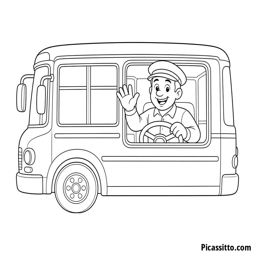 Friendly Bus Driver Waving Coloring Page