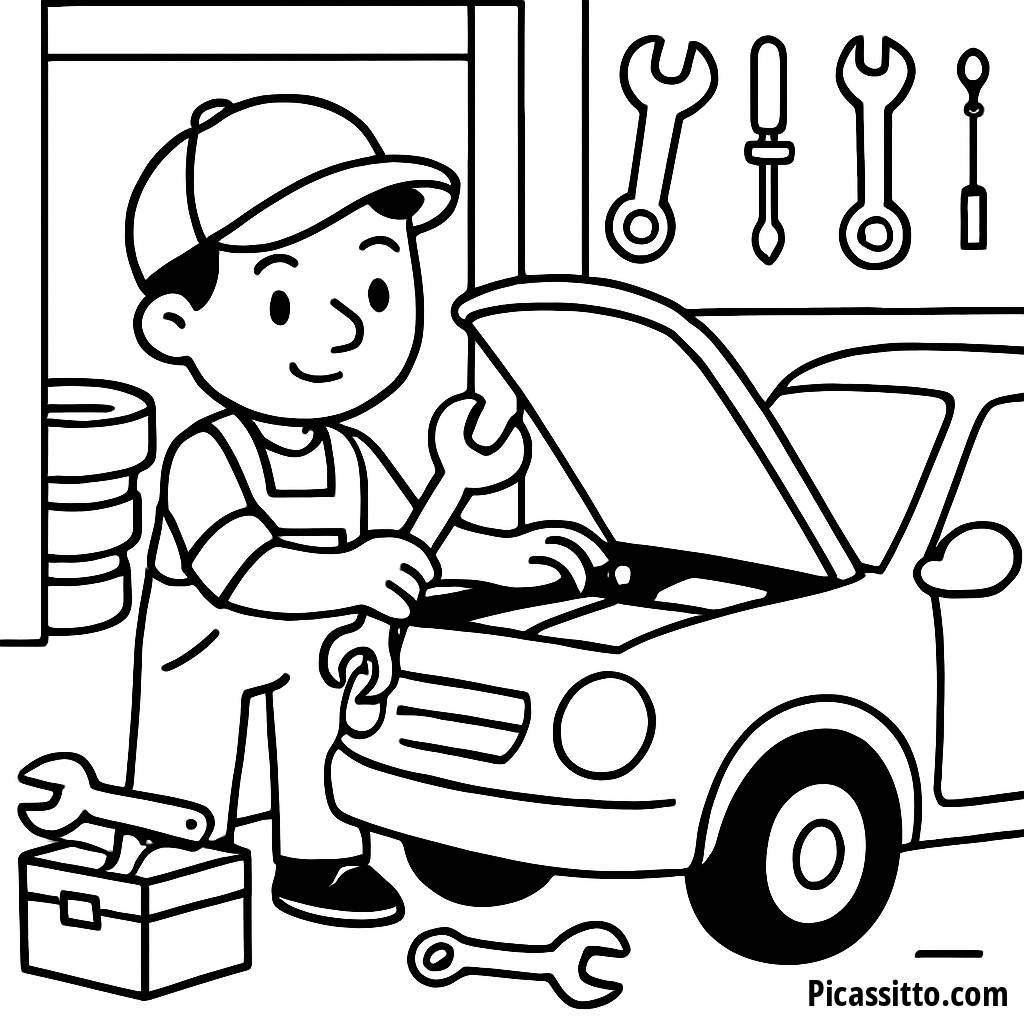 Página para Colorear de Mecánico en un Garaje Ocupado - Reparando un Coche