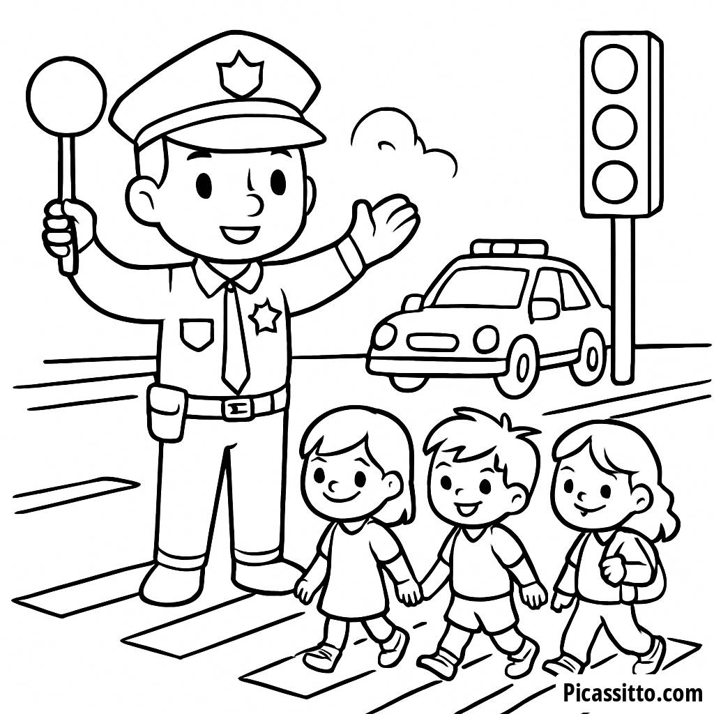 Busy Intersection Police Officer Coloring Page