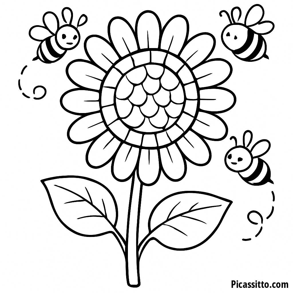 Ausmalbild mit Sonnenblume und Summenden Bienen