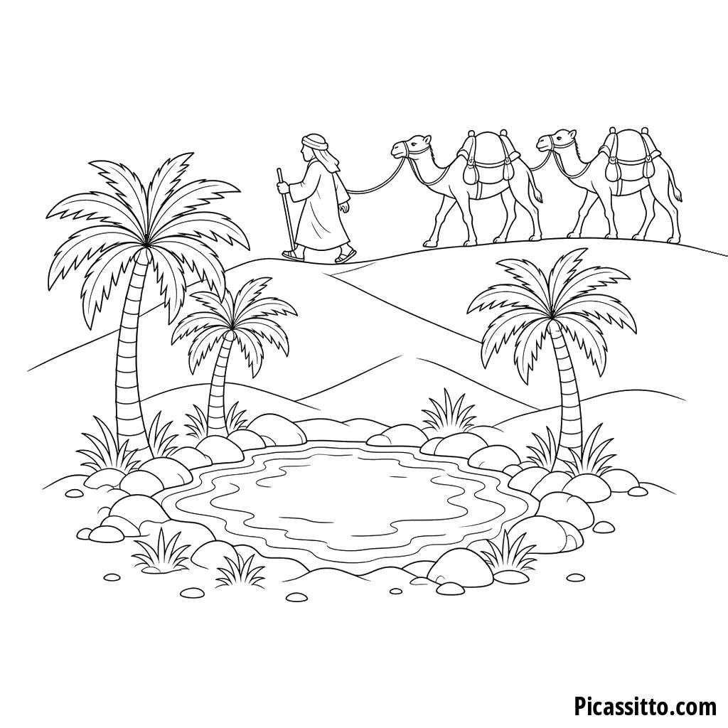 Camel Caravan Passing a Desert Oasis Coloring Page