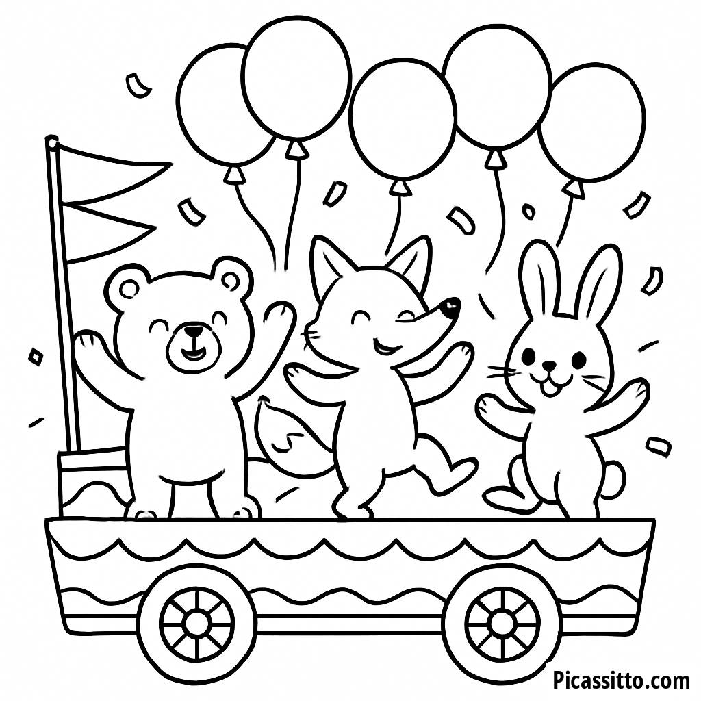 Page à Colorier Carnaval : Animaux Dansants sur un Flotte Coloré !