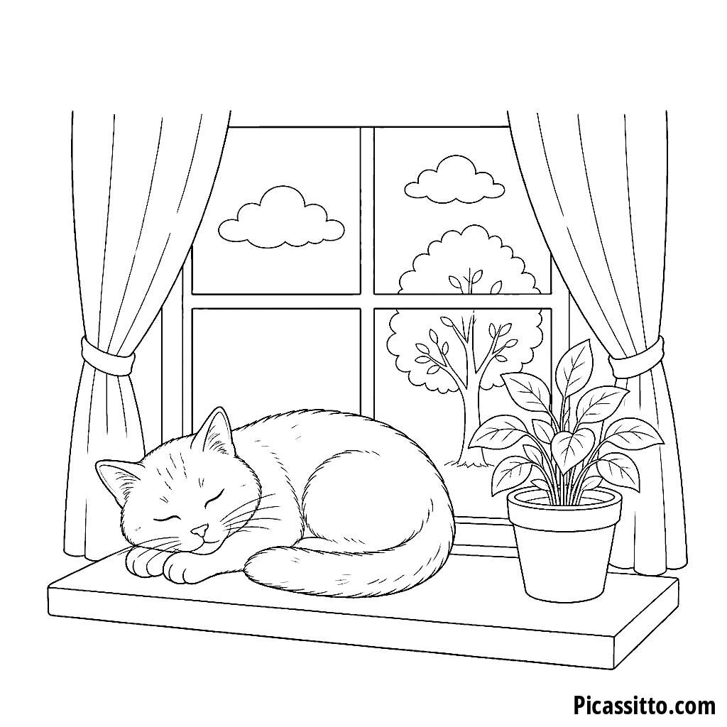 Cat Napping on the Windowsill by a Potted Plant Coloring Page