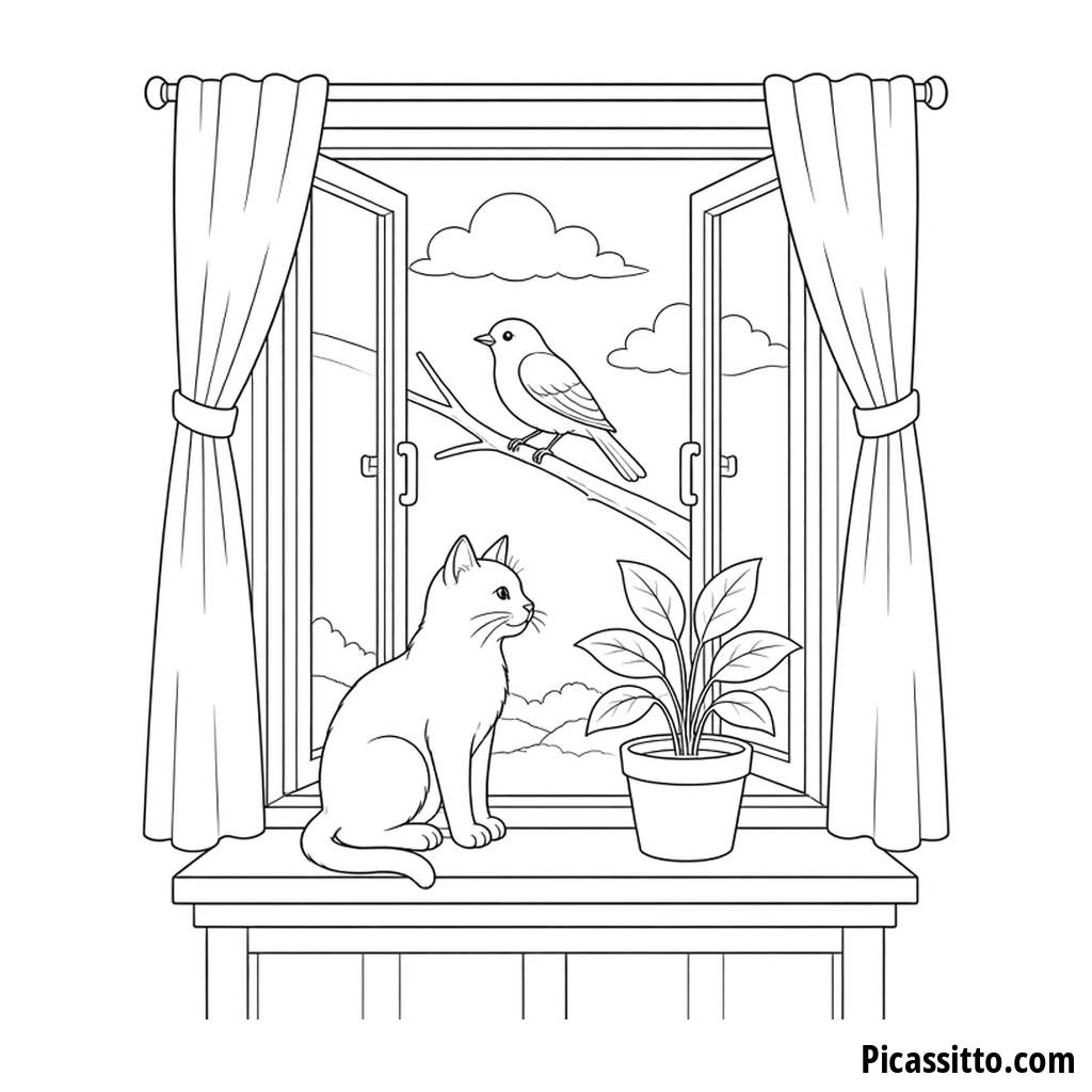 Cat on Windowsill Coloring Page