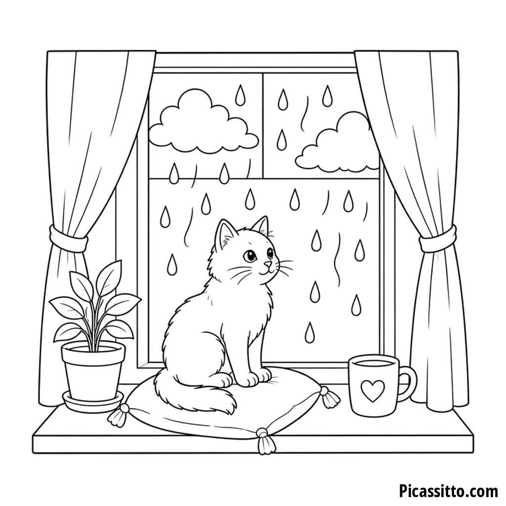 Cat Watching the Rain at the Window Coloring Page