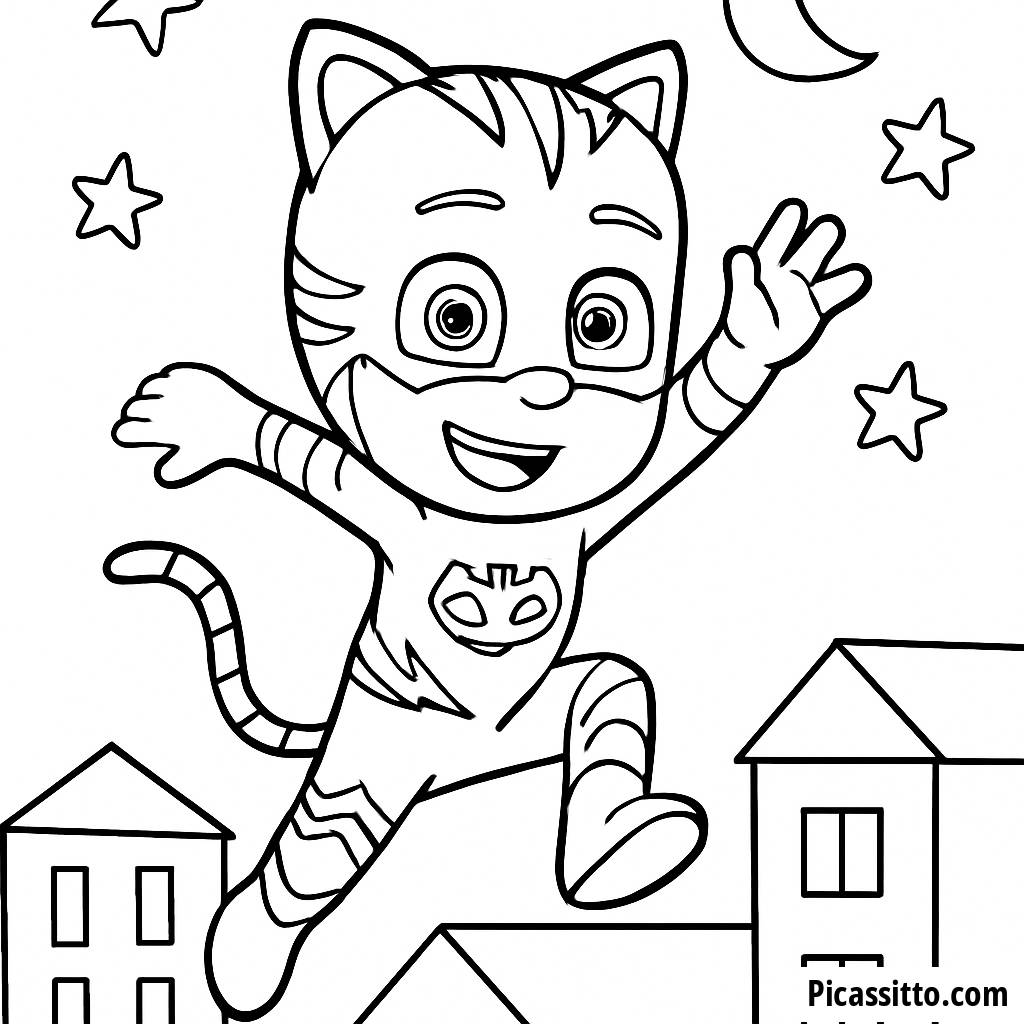 Malvorlage von Catboy, der über Dächer springt